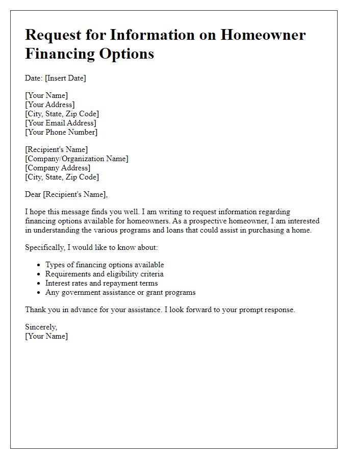 Letter template of information request regarding homeowner financing options