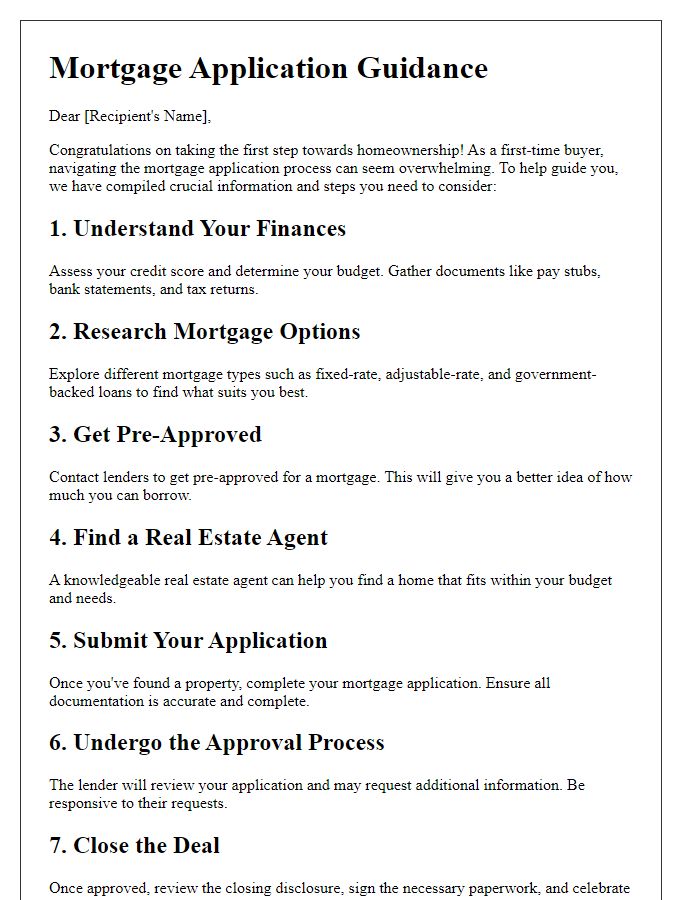 Letter template of mortgage application guidance for first-time buyers