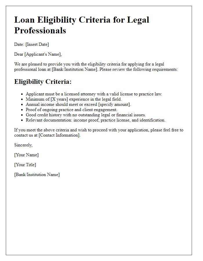 Letter template of legal professional loan eligibility criteria