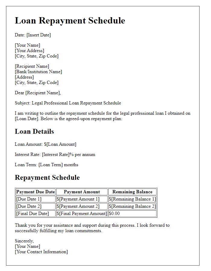 Letter template of legal professional loan repayment schedule