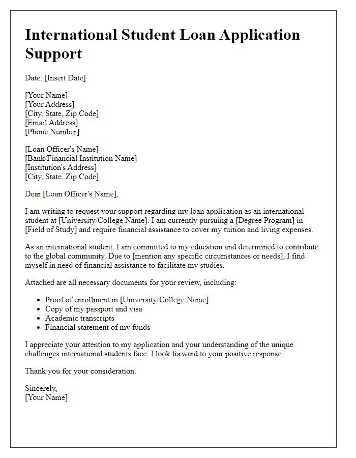 Letter template of international student loan application support.