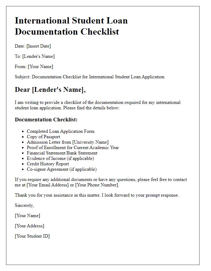 Letter template of international student loan documentation checklist.