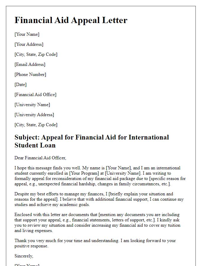 Letter template of international student loan financial aid appeal.