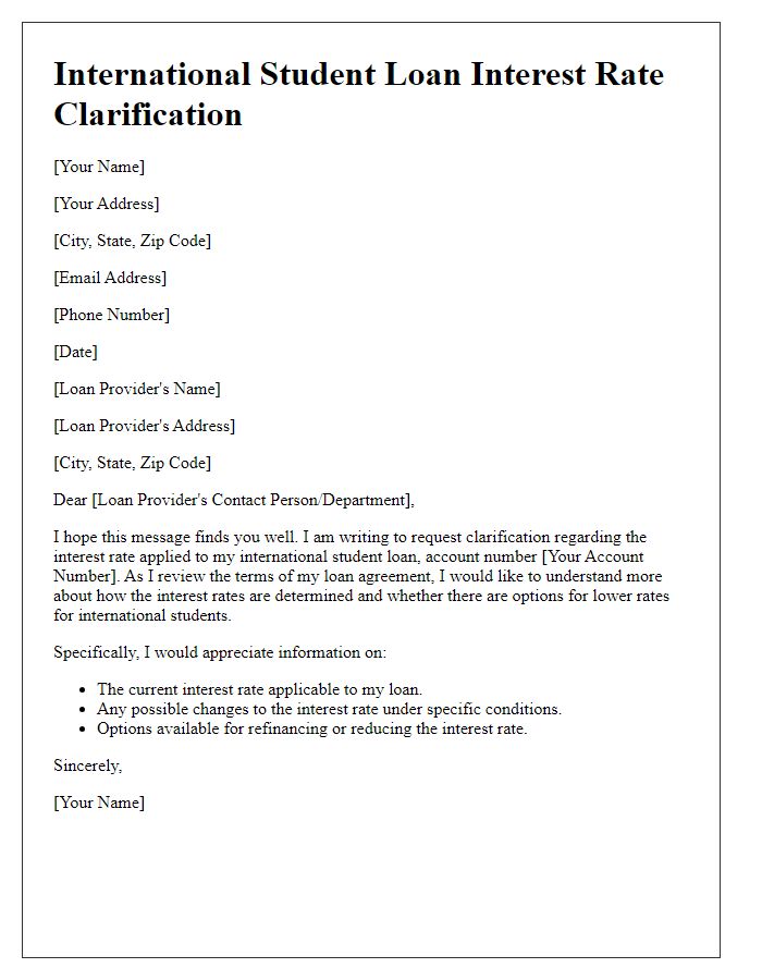 Letter template of international student loan interest rate clarification.