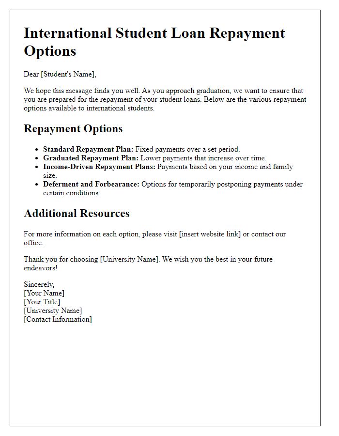 Letter template of international student loan repayment options.