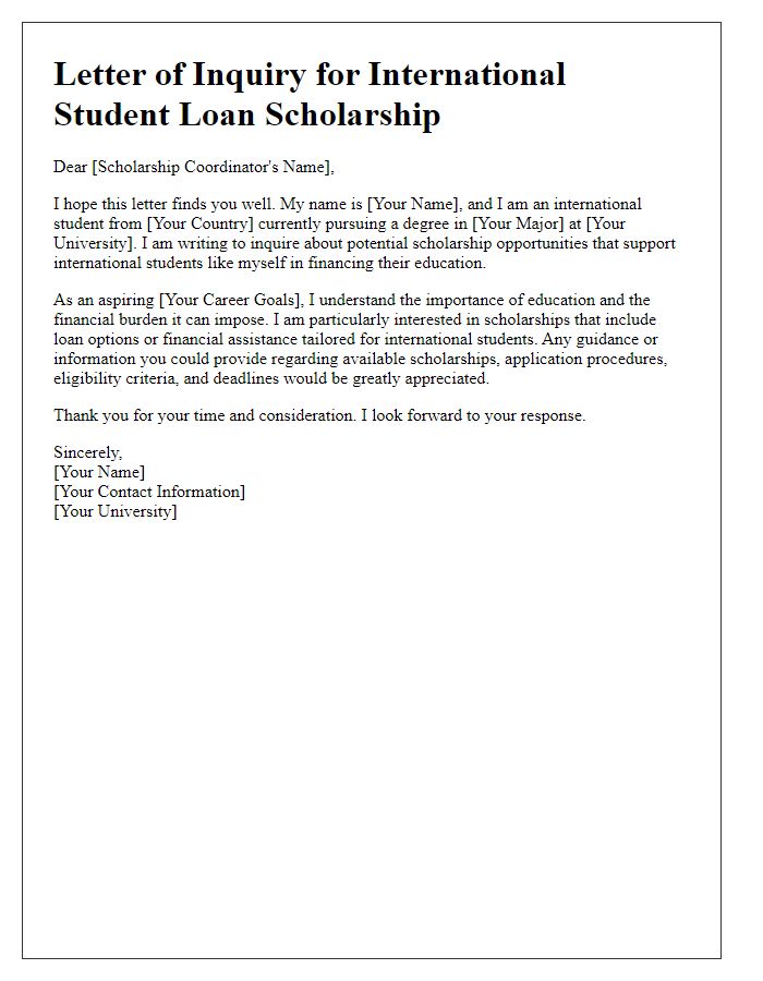 Letter template of international student loan scholarship opportunities.