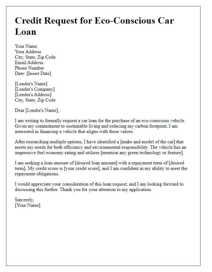 Letter template of credit request for eco-conscious car loan