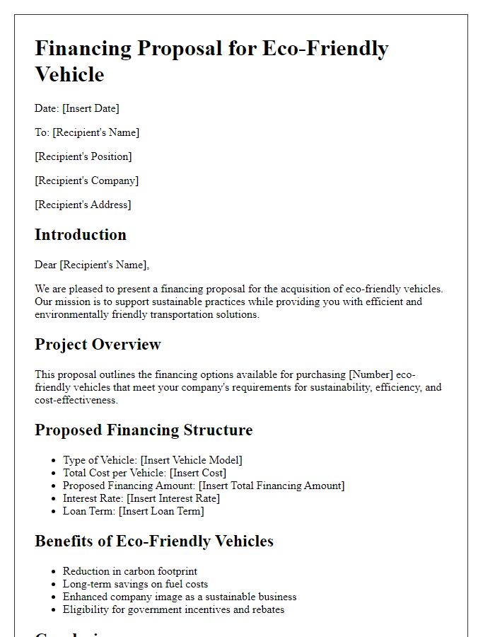 Letter template of financing proposal for eco-friendly vehicle