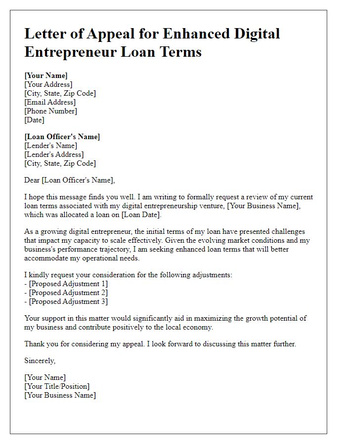 Letter template of appeal for enhanced digital entrepreneur loan terms.