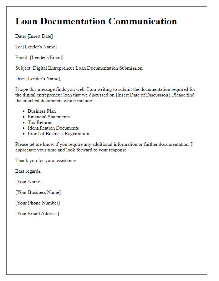 Letter template of communication for digital entrepreneur loan documentation.