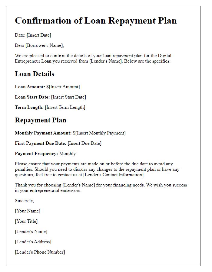 Letter template of confirmation for digital entrepreneur loan repayment plan.