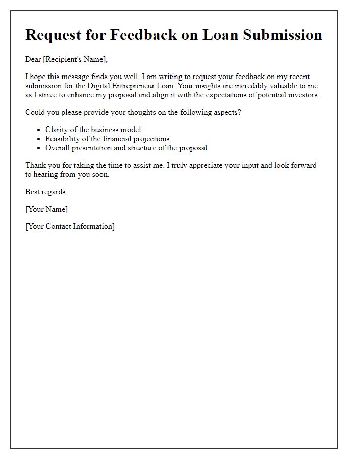 Letter template of feedback request on digital entrepreneur loan submission.