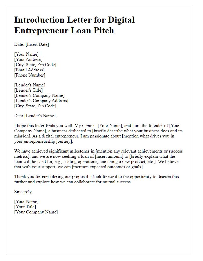 Letter template of introduction for digital entrepreneur loan pitch.