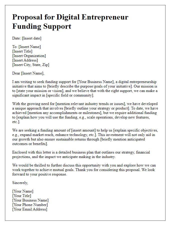 Letter template of proposal for digital entrepreneur funding support.