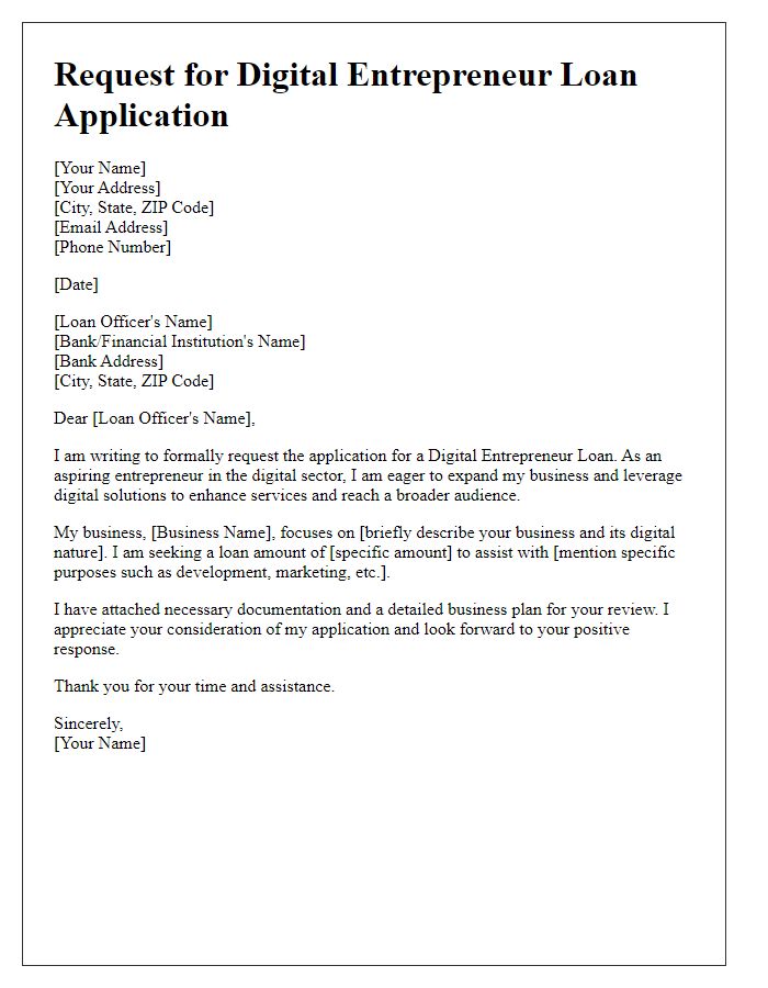 Letter template of request for digital entrepreneur loan application.