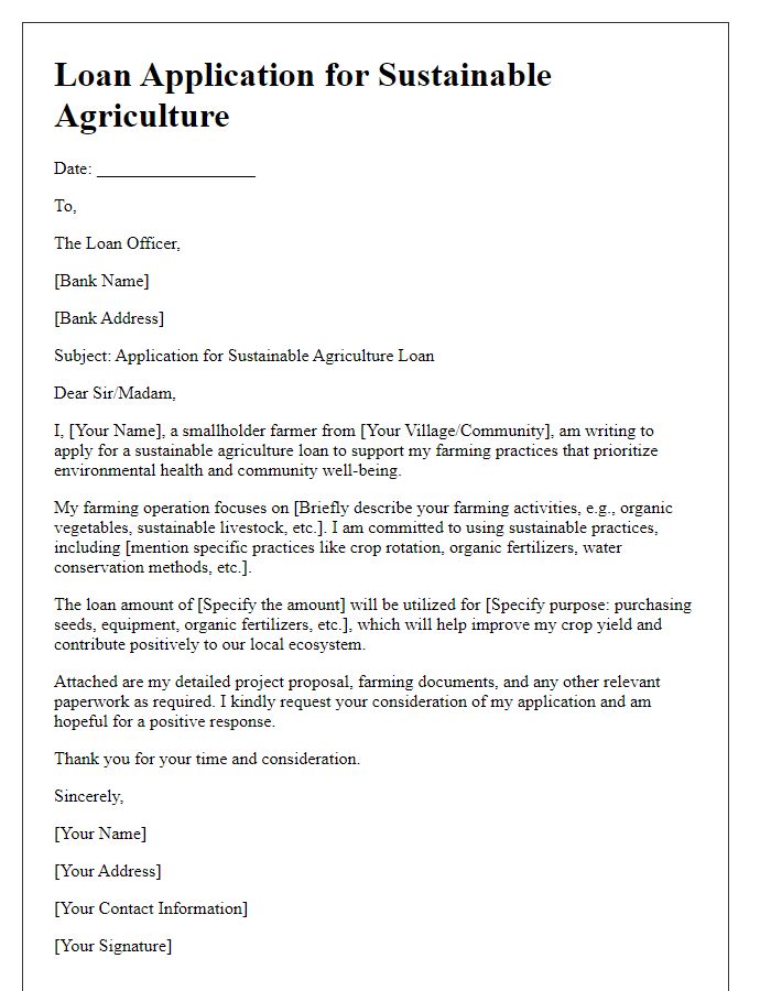 Letter template of sustainable agriculture loan application for small farmers.