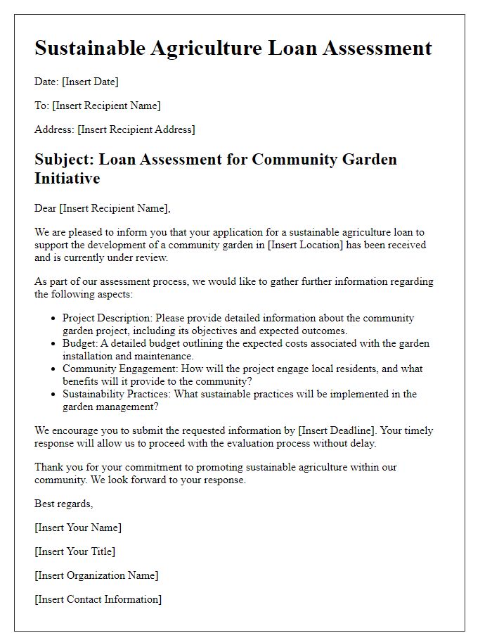 Letter template of sustainable agriculture loan assessment for community gardens.