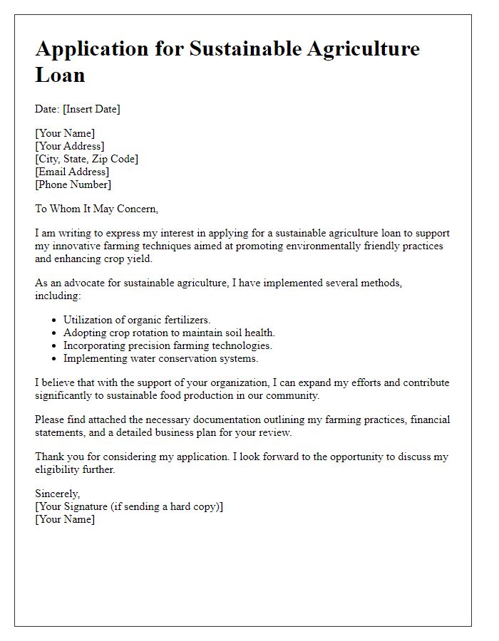 Letter template of sustainable agriculture loan eligibility for innovative farming techniques.