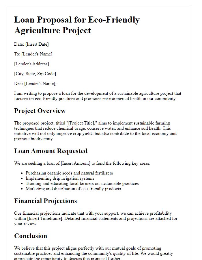 Letter template of sustainable agriculture loan proposal for eco-friendly projects.