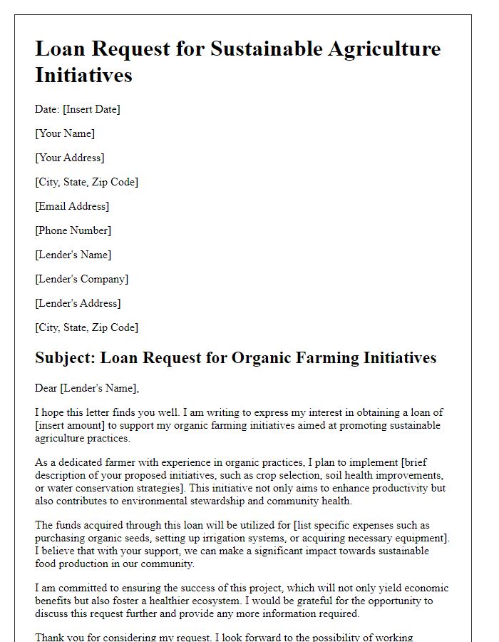 Letter template of sustainable agriculture loan request for organic farming initiatives.