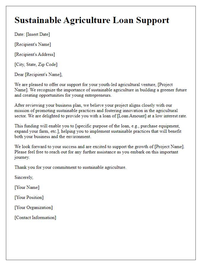 Letter template of sustainable agriculture loan support for youth-led agricultural ventures.