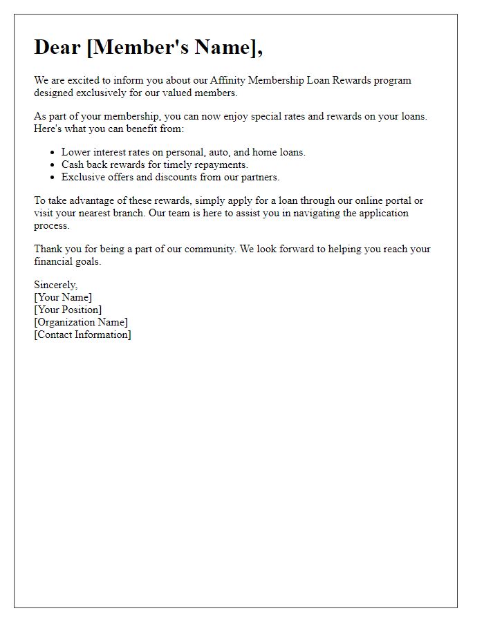 Letter template of affinity membership loan rewards