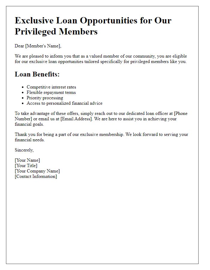 Letter template of privileged membership loan opportunities