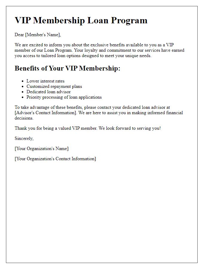 Letter template of VIP membership loan programs