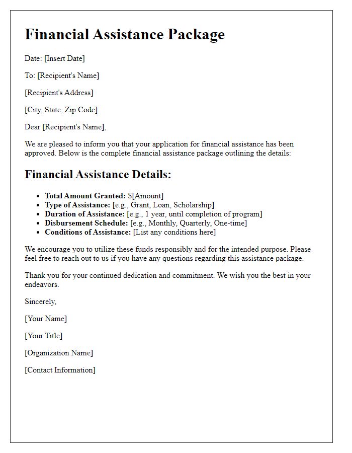 Letter template of complete financial assistance package