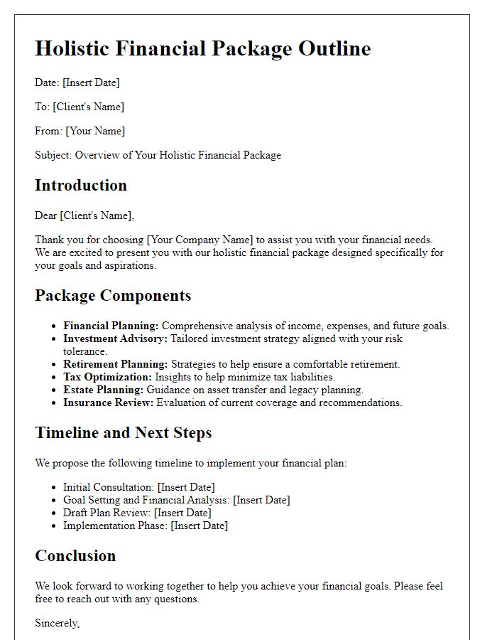 Letter template of holistic financial package outline