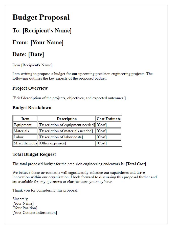 Letter template of budget proposal for precision engineering endeavors