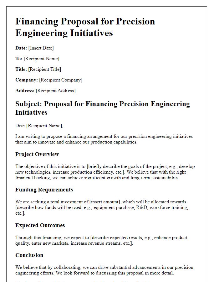 Letter template of financing proposal for precision engineering initiatives