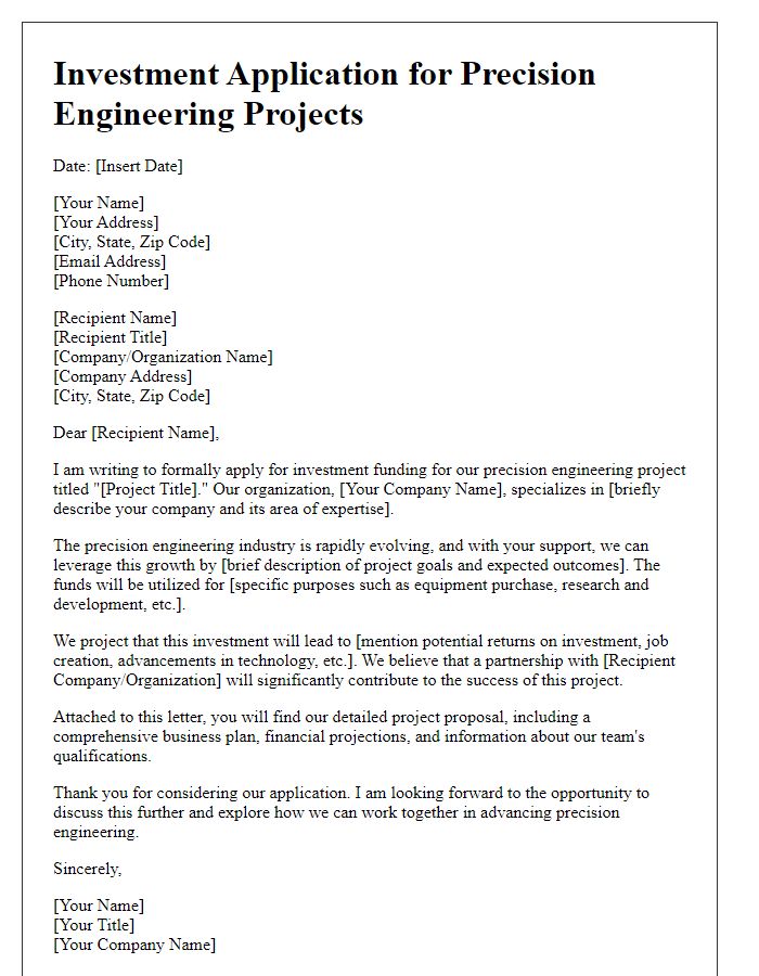 Letter template of investment application for precision engineering projects