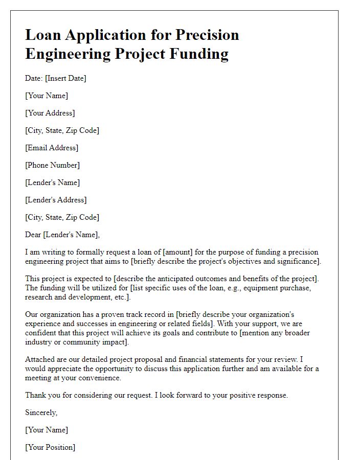 Letter template of loan application for precision engineering project funding