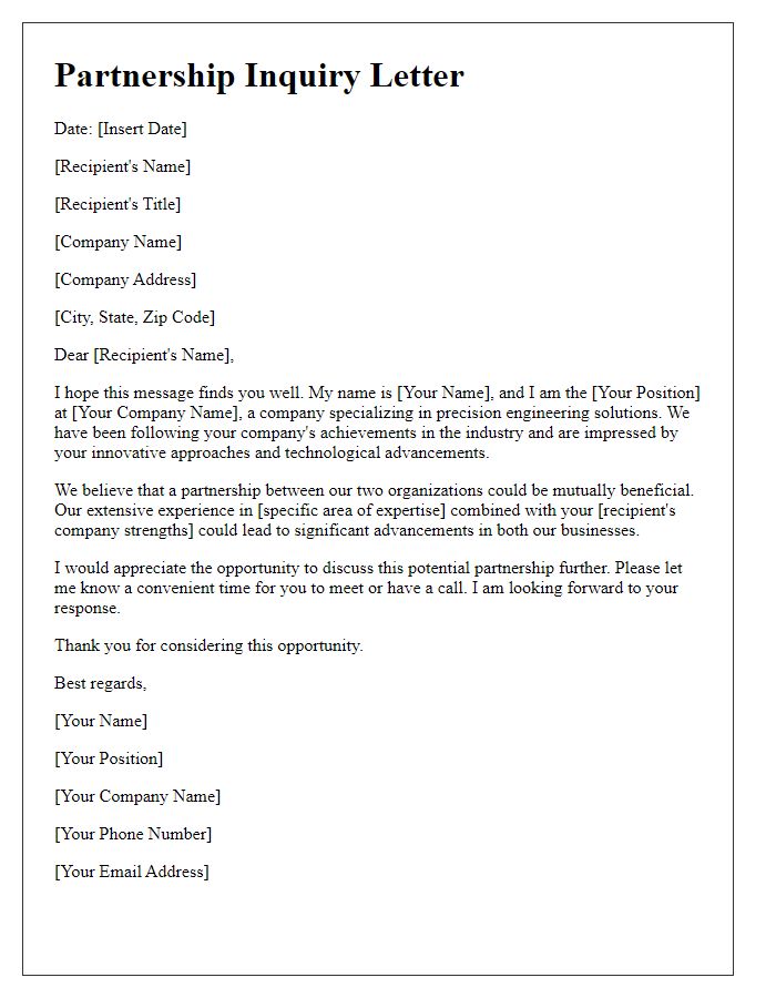 Letter template of partnership inquiry for precision engineering ventures