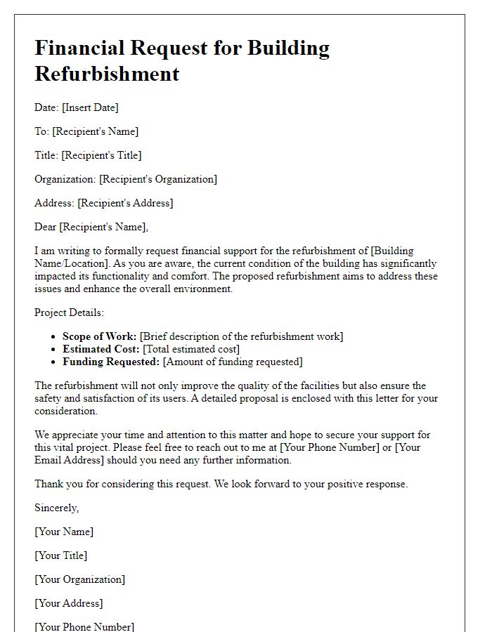 Letter template of building refurbishment financial request