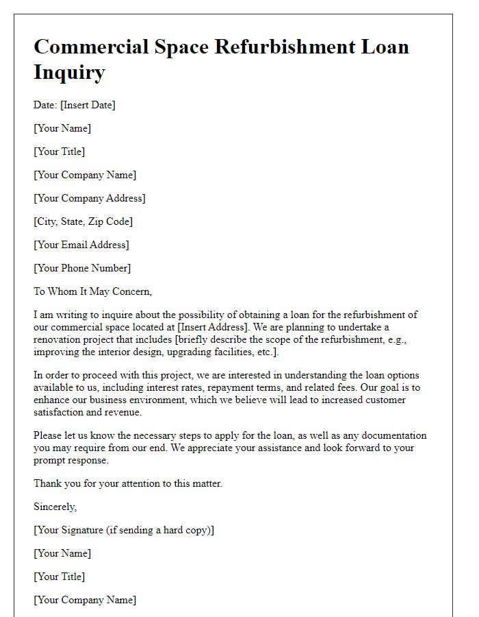 Letter template of commercial space refurbishment loan inquiry