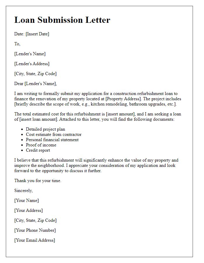 Letter template of construction refurbishment loan submission