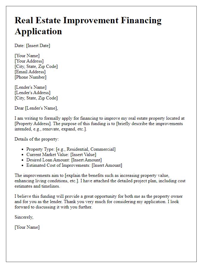 Letter template of real estate improvement financing application