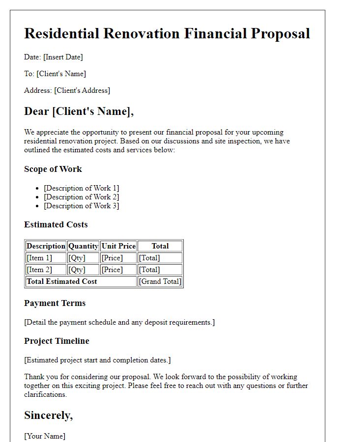 Letter template of residential renovation financial proposal