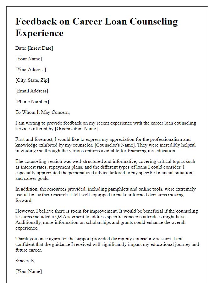 Letter template of feedback on career loan counseling experience