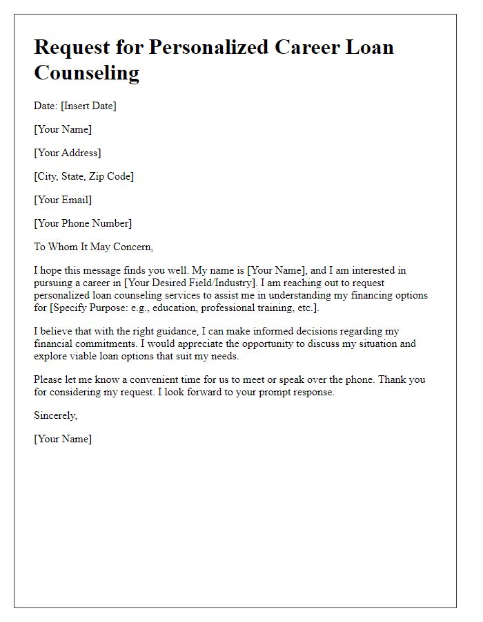 Letter template of personalized career loan counseling request