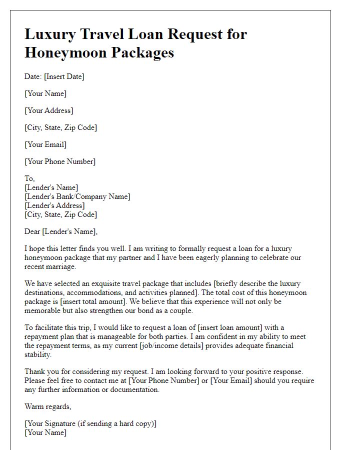 Letter template of luxury travel loan request for honeymoon packages.