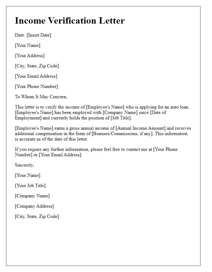 Letter template of income verification for auto loan