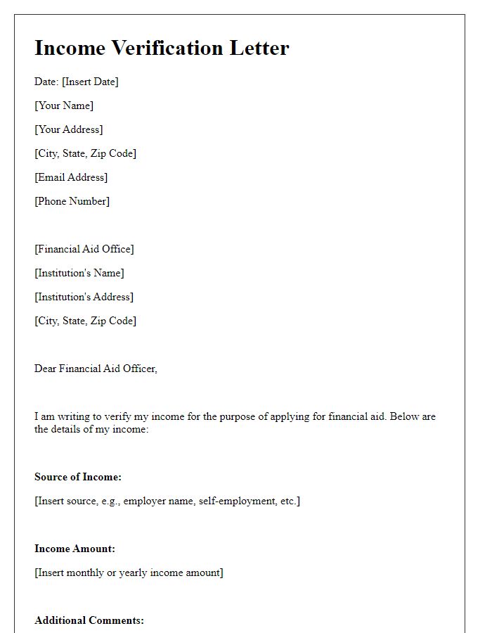 Letter template of income verification for financial aid application