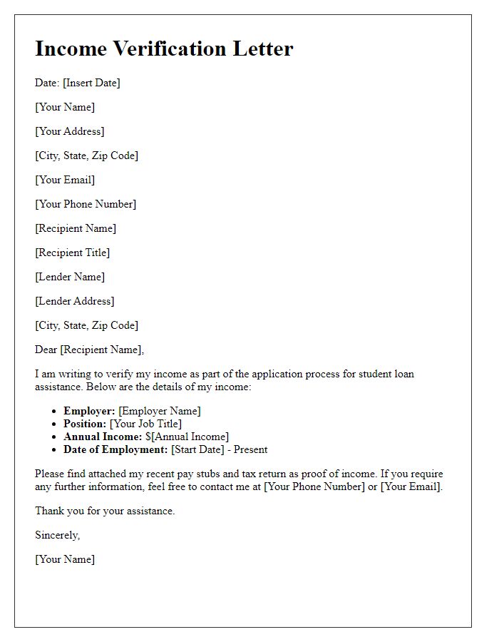 Letter template of income verification for student loan