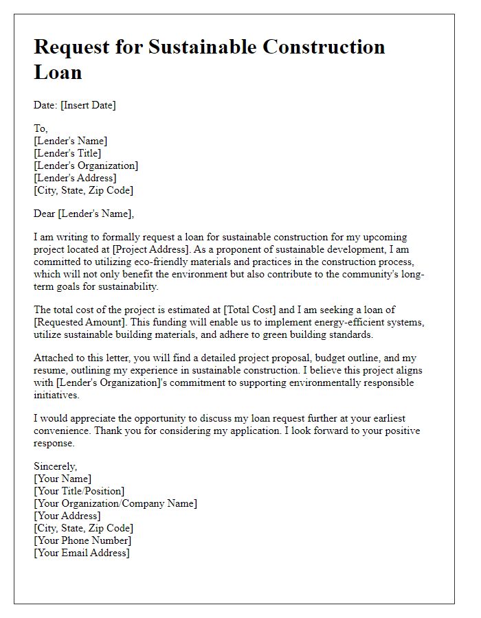 Letter template of request for sustainable construction loan