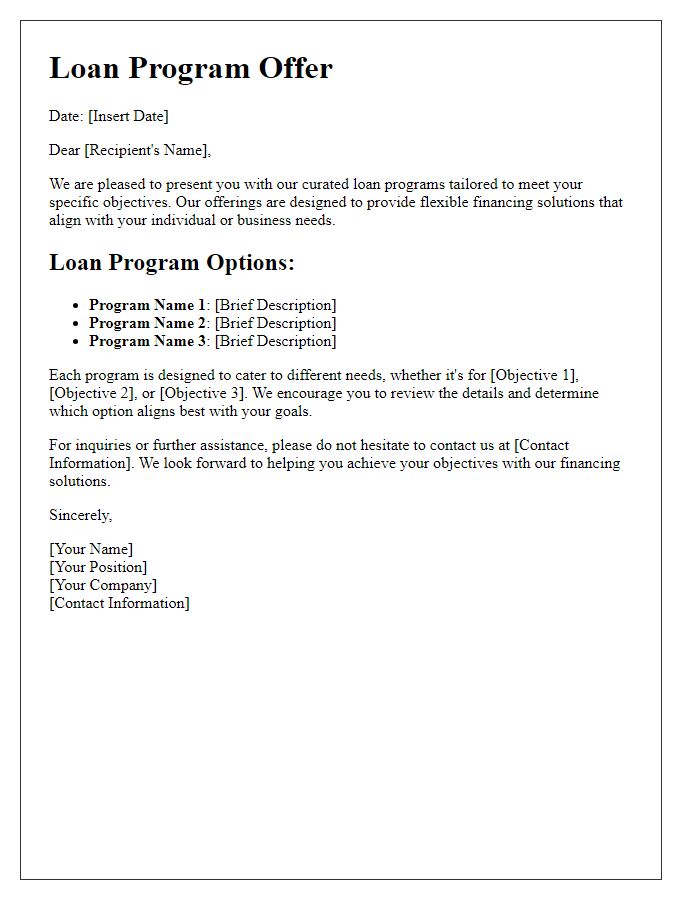 Letter template of curated loan programs for specific objectives