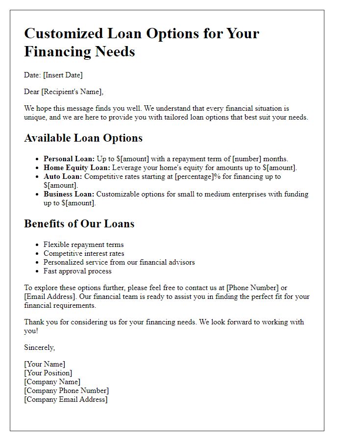 Letter template of customized loan options for financing needs