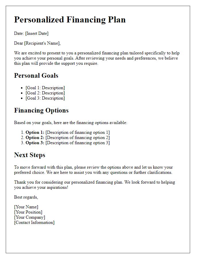 Letter template of individualized financing plans for personal goals